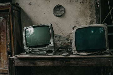 Two old, worn-out televisions on a wooden surface with a dark, gritty background (photo by Afif Ramdhasuma).